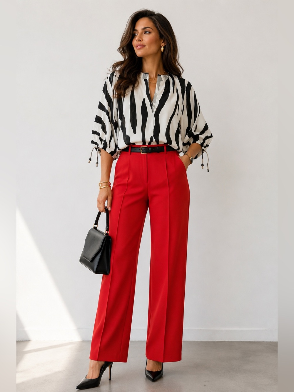 ZARA DARK RED STRAIGHT LEG BELTED PANTS SIZE XS